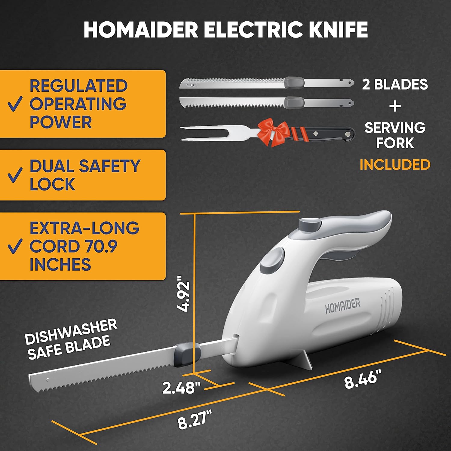 Electric Knife for Carving Meat, Turkey, Bread & More. Serving Fork and Carving Blades Included