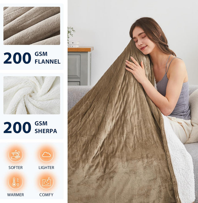 Homemate Heated Blanket Electric Throw - 50"x60" Heating Blanket Throw 1/2/4/6/8 Hours Auto-off 10 Heat Level Heat Blanket Over-heat Protection Flannel Sherpa Heater Blanket Electric ETL Certification