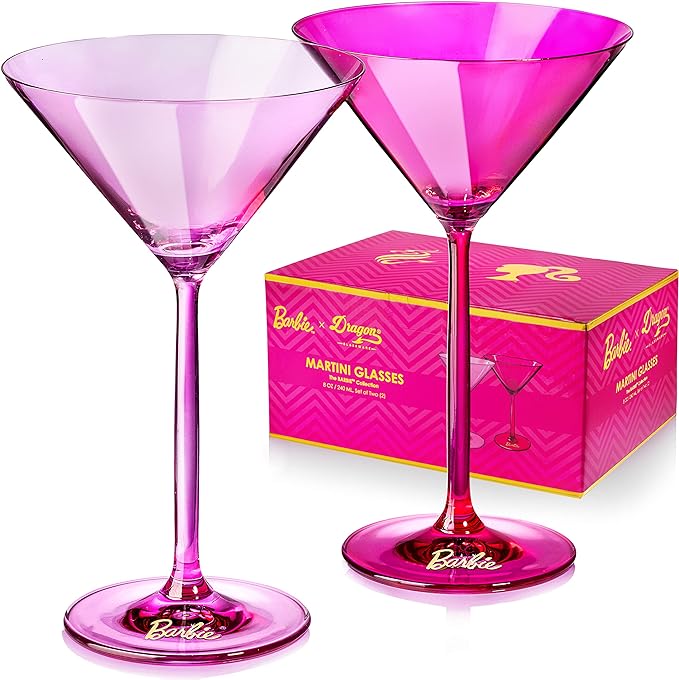 Dragon Glassware x Barbie Martini Glasses, Pink and Magenta Crystal Glass, Large Cosmopolitan and Cocktail Barware, Unique and Fun Gift for Espresso Martini Lovers, 8 oz Capacity, Set of 2