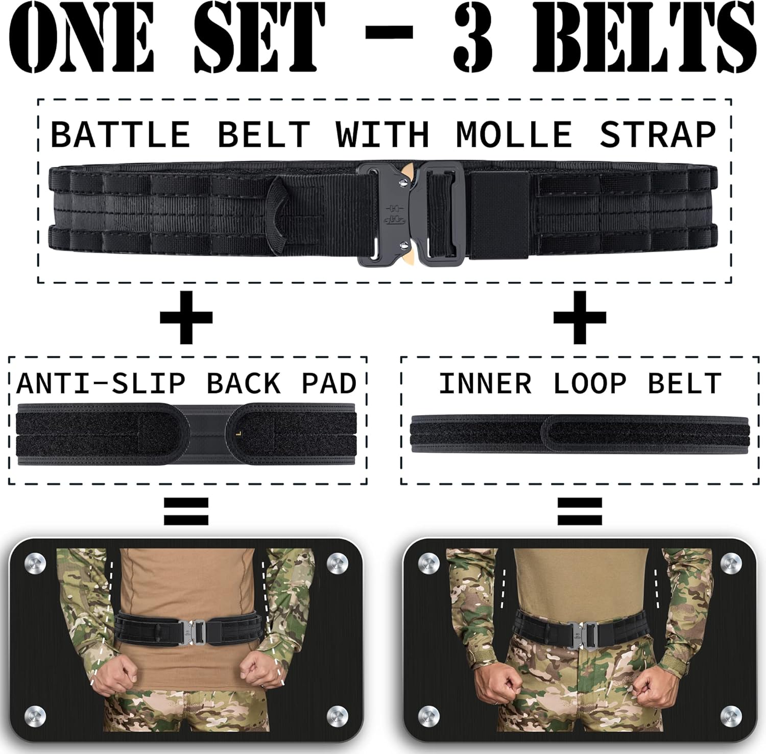 Quick-Release Battle Belt [3 Tactical Belts in One] 1.77'' Molle Belt, Combat Loop Belt and Anti-slip Supporting Pad