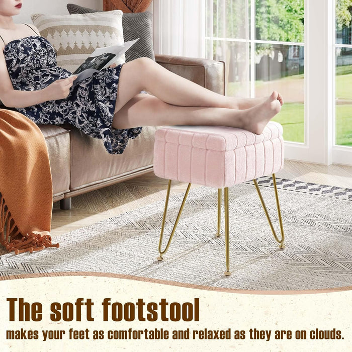 Greenstell Vanity Stool Chair Faux Fur with Storage, 19.4" H x 15.7" L x 11.8" W Soft Ottoman 4 Metal Legs with Anti-Slip Feet, Furry Padded Seat, Modern Multifunctional Chairs for Makeup, Bedroom