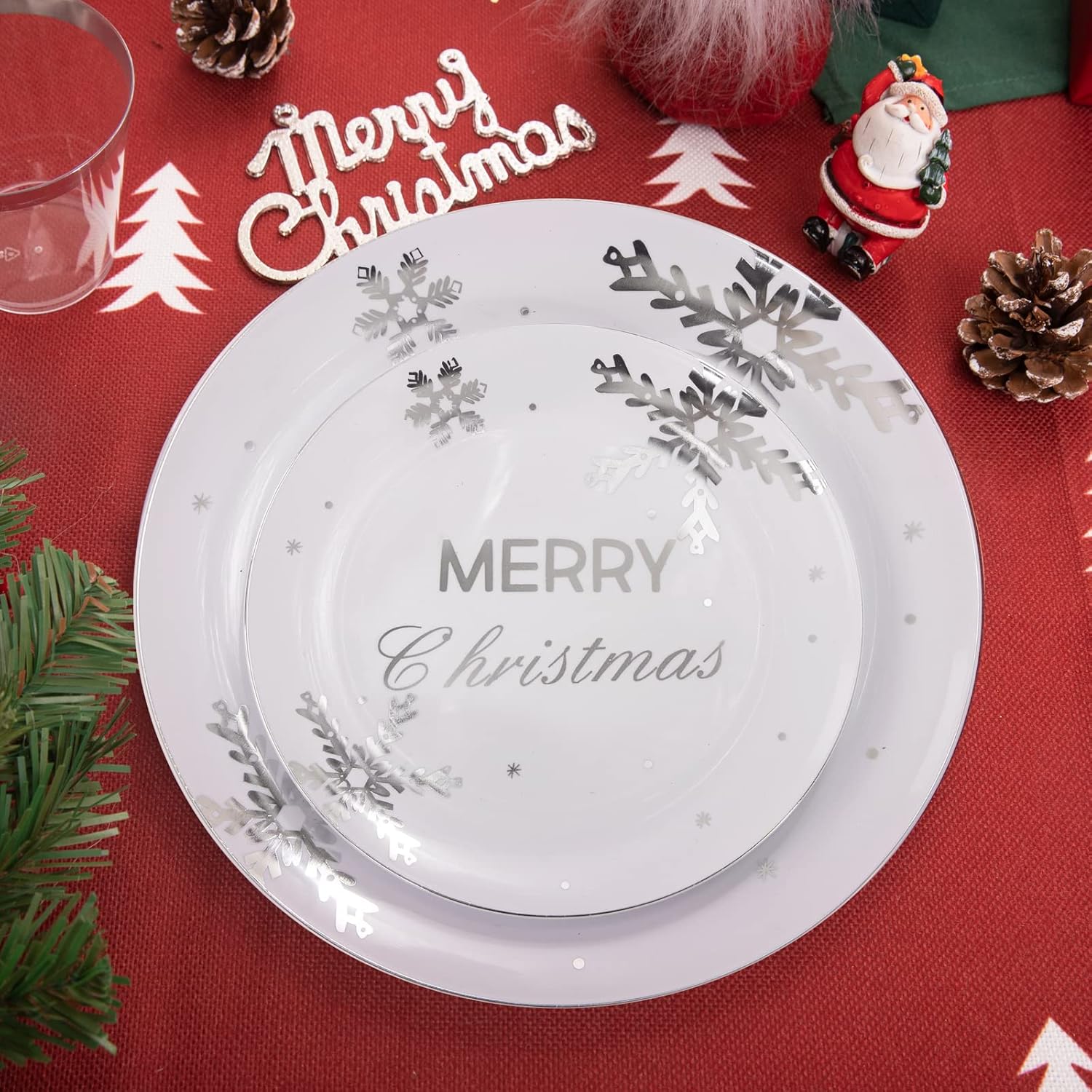 KIRE 25 Guests Silver Plastic Plates with Snowflake pattern & Silver Disposable Plastic Silverware &Clear Silver Cups - Christmas Plastic Plates for Christmas Parties, Picnics, Holiday, Christmas Day