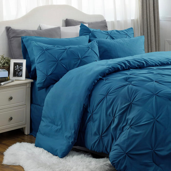Bedsure Teal Comforter Set Queen - Bed in a Bag Queen 7 Pieces, Pintuck Beddding Sets Teal Blue Bed Set with Comforters, Sheets, Pillowcases & Shams