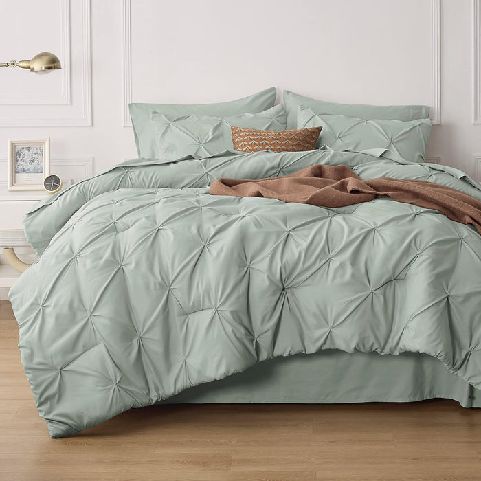 Bedsure King Size Comforter Set - Bedding Set King 7 Pieces, Pintuck Bed in a Bag Green Bed Set with Comforter, Sheets, Pillowcases & Shams