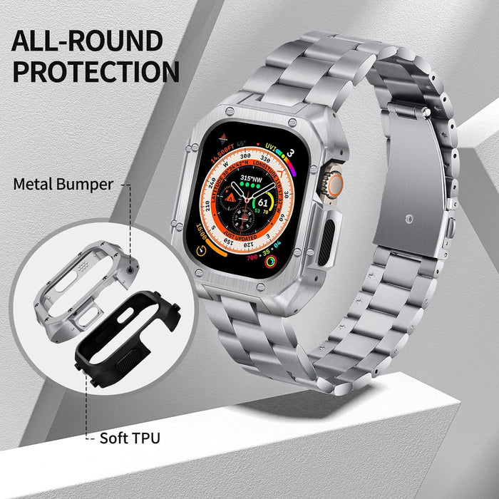 V-MORO Compatible with Apple Watch 49/45/44mm Bands Series Ultra/8/76/SE/5/4 with Metal Bumper,Luxury Men Business Strap Replacement Metal+TPU Shockproof Protective Case Cover Accessories for iWatch Series