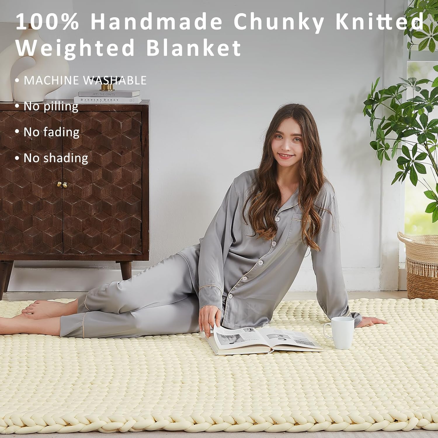 Guohaoi Handmade Knitted Weighted Blanket,Breathable and Soft Chunky Weighted Blanket for Adult,Best Gift for Christmas(Cream White,48"x72" 15lbs)