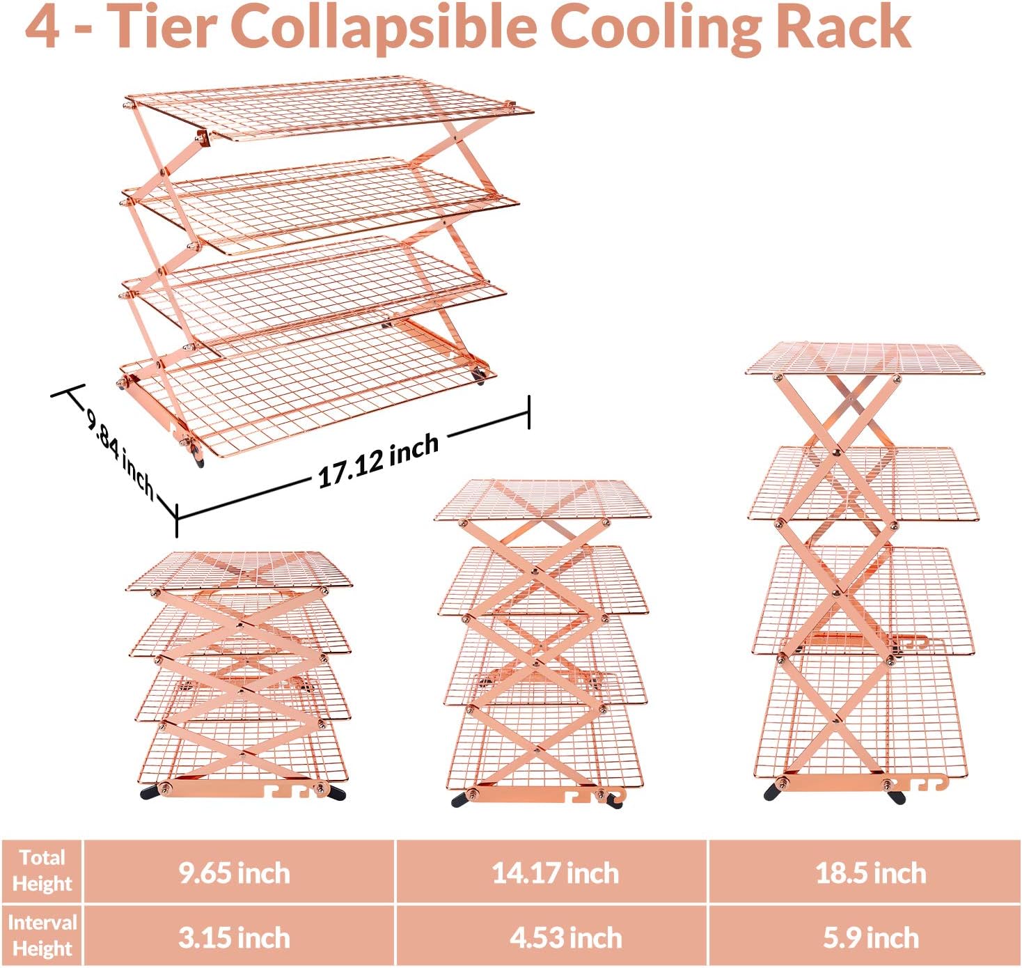 Geesta 2/3/4-Tier Collapsible Cooling Rack with Adjustable 3 Setting Design Stackable Cooling Roasting Cooking for Cookies Baking - Copper Cooking Utensils