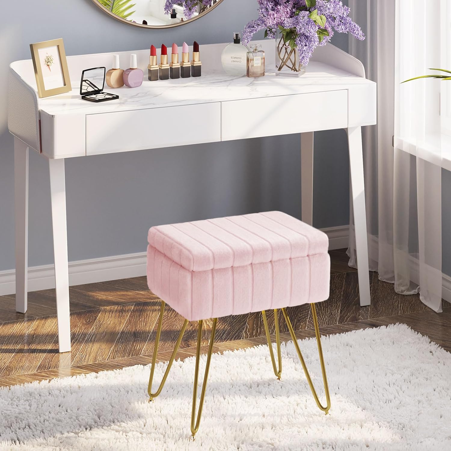 Greenstell Vanity Stool Chair Faux Fur with Storage, 19.4" H x 15.7" L x 11.8" W Soft Ottoman 4 Metal Legs with Anti-Slip Feet, Furry Padded Seat, Modern Multifunctional Chairs for Makeup, Bedroom