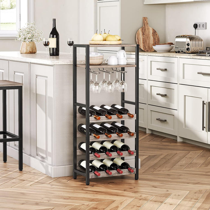 HOOBRO Freestanding Wine Rack, 16-Bottle Wine Storage Rack with Tabletop and Glass Holder, 6-Tier Bar Rack, for Kitchen, Bar, Dining Room, Greige and Black BG04JJ01