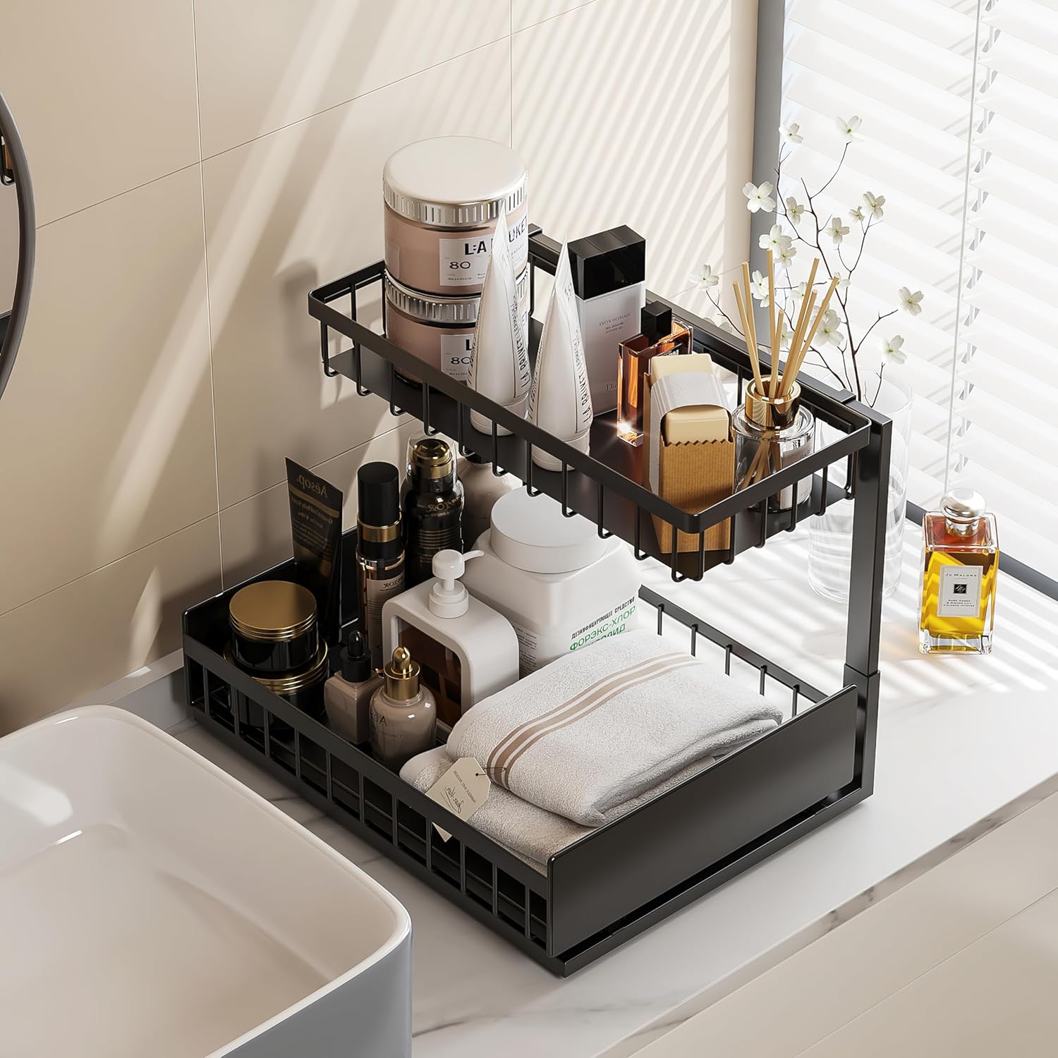 Shantton Under Sink Organizer 2-Tier Metal Sliding Pull Out Organizer for Kitchen Bathroom Cabinet Pantry Home Multipurpose Slide-Out Drawer Storage Shelf Rack No Drilling L-Shape Heavy Duty Black