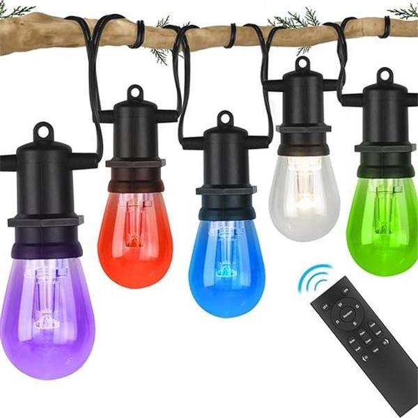 48FT Color Changing Outdoor String Lights, RGB Cafe LED String Light with 15 E26 Shatterproof E