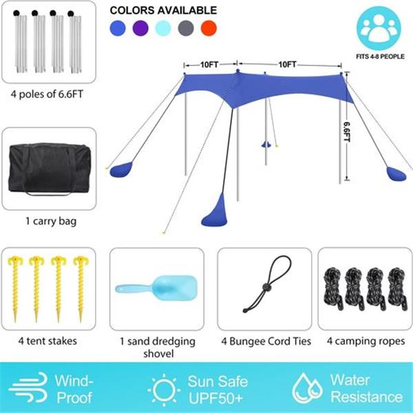 Beach Tent Pop Up Shade UPF50+ Portable Beach Canopy Sun Shelter with 4 Aluminum Poles, Anti-Wi