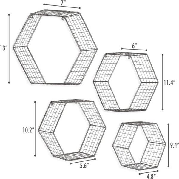 kimisty Set 4 Gray Hexagon Wall Shelves, Floating Mesh Wire Wall Mounted Shelf, Geometric Mesh