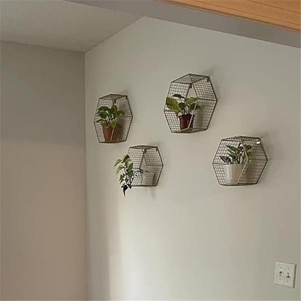 kimisty Set 4 Gray Hexagon Wall Shelves, Floating Mesh Wire Wall Mounted Shelf, Geometric Mesh