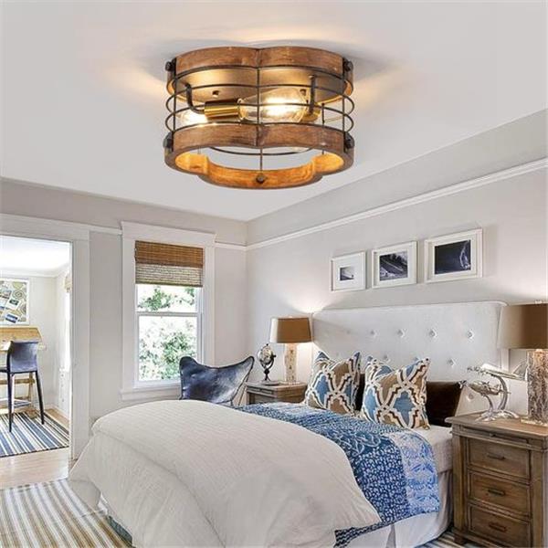 wochos Farmhouse Flush Mount Ceiling Light, 12.2 Inch 2-Light Metal and Wood Close to Ceiling L