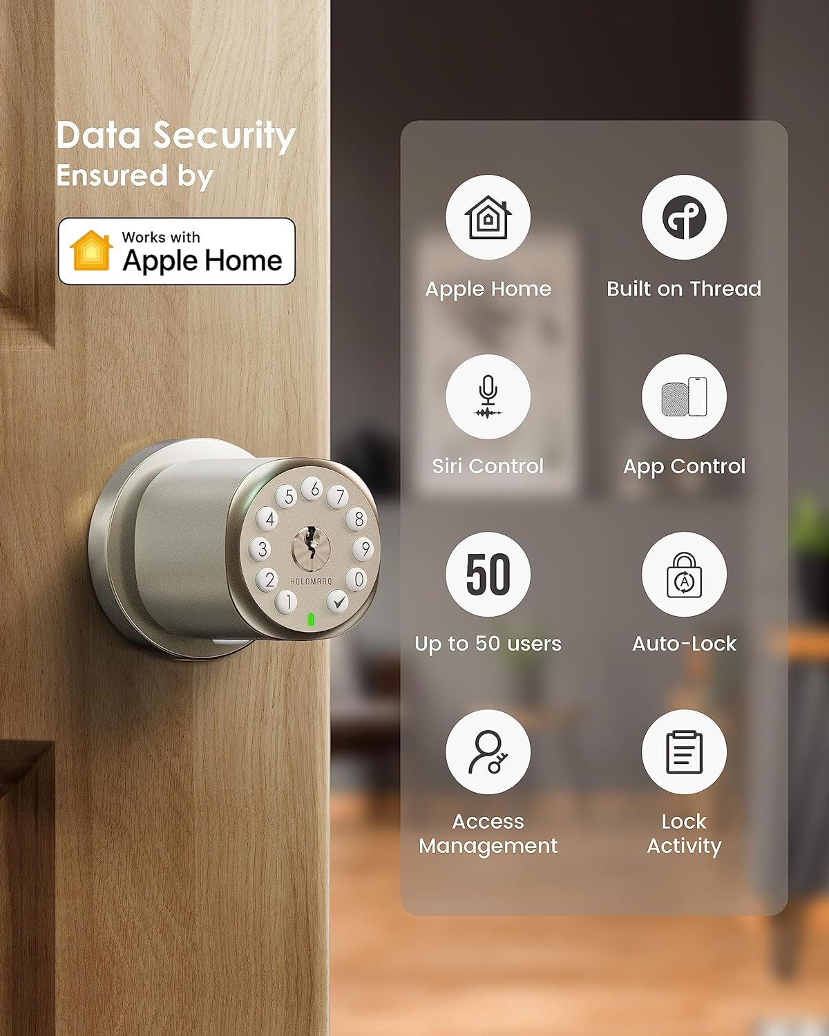 HOLOMARQ Smart Door Knob with Keypad HomeKit Over Thread 𝗥𝗲𝗾𝘂𝗶𝗿𝗲𝘀 𝗧𝗛𝗥𝗘𝗔𝗗 𝗘𝗻𝗮𝗯𝗹𝗲𝗱 𝗔𝗽𝗽𝗹𝗲 𝗛𝗼𝗺𝗲 𝗛𝘂𝗯 for Bedroom or Interior Use (Sequra Smart Metallic Gold)