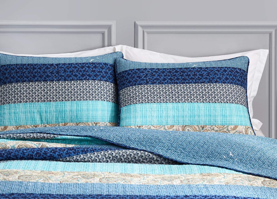 Chezmoi Collection Galon 3-Piece Pre-Washed Cotton Patchwork Striped Quilt Set - Coastal Paisley Coverlet - Lightweight Reversible Bedspread, Queen Size