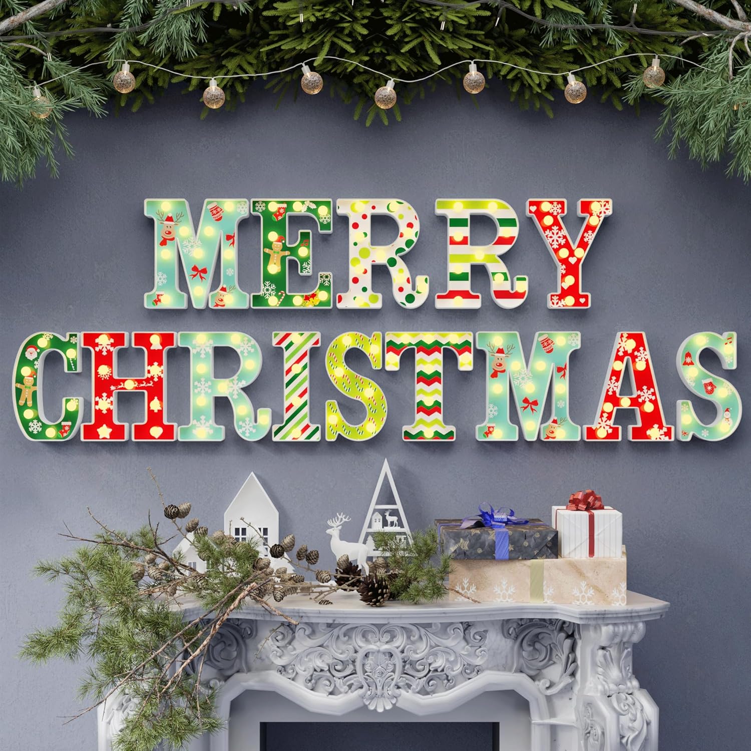 Christmas Decorations Indoor - 14 LED Letters Christmas Lights 'MERRY CHRISTMAS' for Christmas Decorations Indoor Home Decor, Surface UV Printing Snowflakes, Christmas Trees, Elk, etc