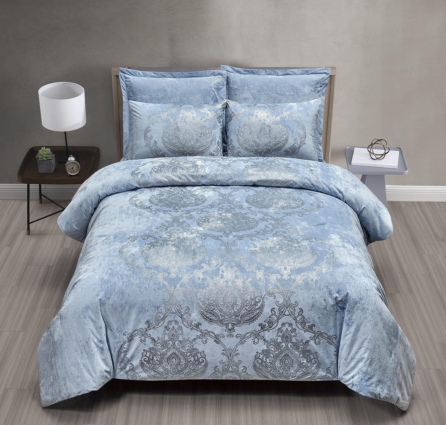 Sunshine Nicole Metallic Print Comforter Set, Distressed Velvet Face with Metallic Print and Brushed Solid Microfiber Reverse, with Light Weight Soft Poly Fill, 5 Pieces Light Blue Silver, Queen