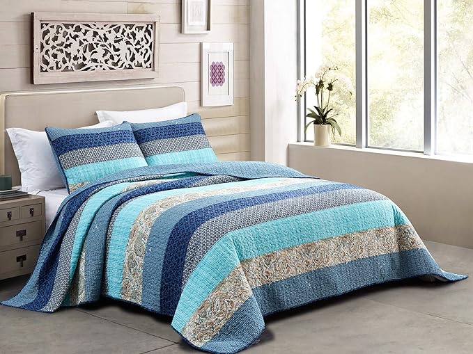 Chezmoi Collection Galon 3-Piece Pre-Washed Cotton Patchwork Striped Quilt Set - Coastal Paisley Coverlet - Lightweight Reversible Bedspread, Queen Size