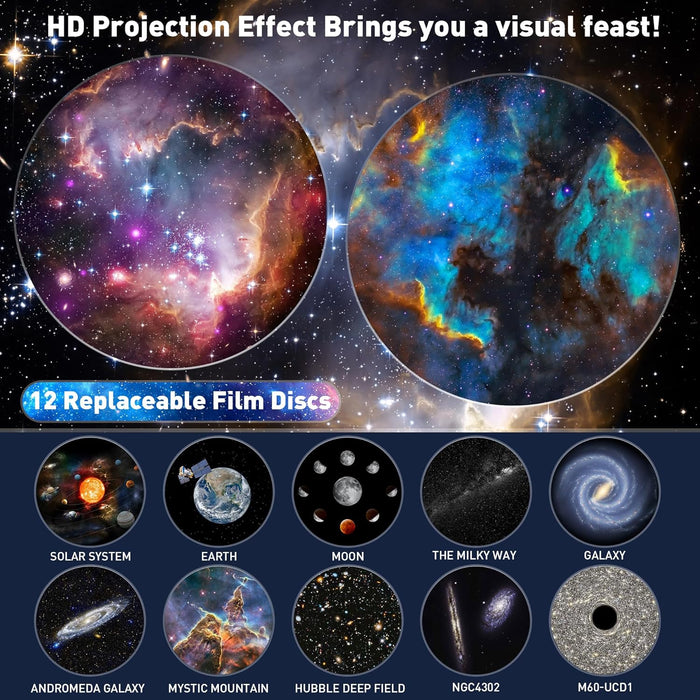 Planetarium Star Projector, Galaxy Projector, Realistic Starry Sky Night Light with 12 Film Discs, Solar System Constellation Moon for Kids Bedroom Ceiling Home Living Room Decor Birthday Gifts