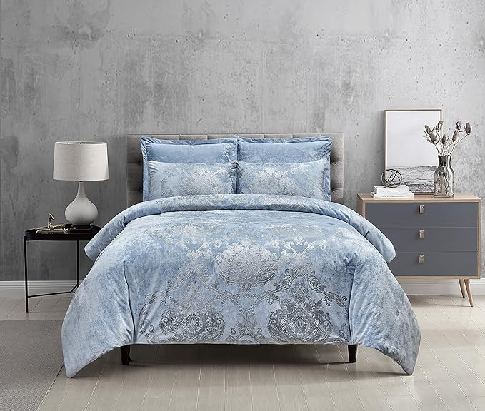 Sunshine Nicole Metallic Print Comforter Set, Distressed Velvet Face with Metallic Print and Brushed Solid Microfiber Reverse, with Light Weight Soft Poly Fill, 5 Pieces Light Blue Silver, Queen