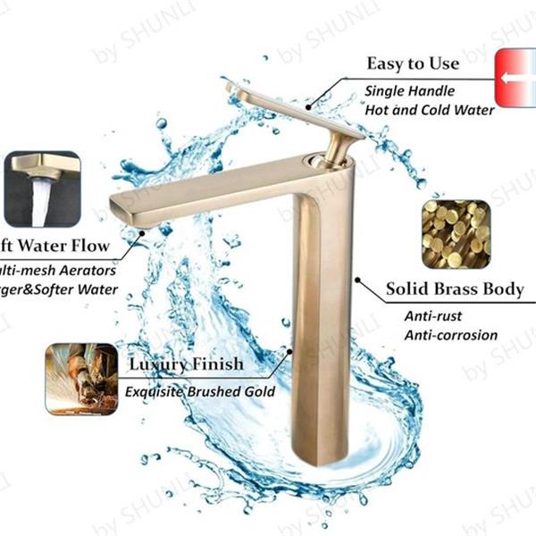 SHUNLI Brushed Gold Bathroom Faucet, Bathroom Vessel Sink Faucet Brushed Brass, Tall Bathroom F