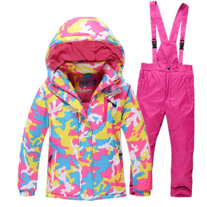 Boys/Girls Ski Suit Waterproof Pants+Jacket Set Winter Sports Thickened Clothes Color:Rose red camouflage Size:6A (height 120cm)