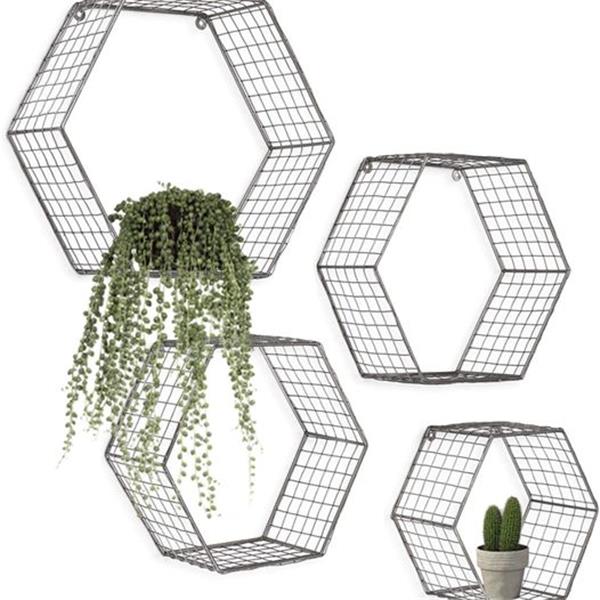 kimisty Set 4 Gray Hexagon Wall Shelves, Floating Mesh Wire Wall Mounted Shelf, Geometric Mesh