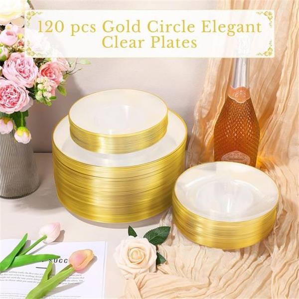 Zhehao 120 Pcs Clear Gold Plastic Plates Gold Disposable Plates with Gold Trim Include 60 Party