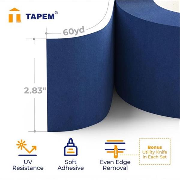 Tapem Blue Painters Tape - 2.83" x 60yd - Premium Masking Tape - Wide Marking Tape - Wall Safe