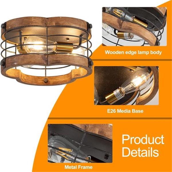 wochos Farmhouse Flush Mount Ceiling Light, 12.2 Inch 2-Light Metal and Wood Close to Ceiling L