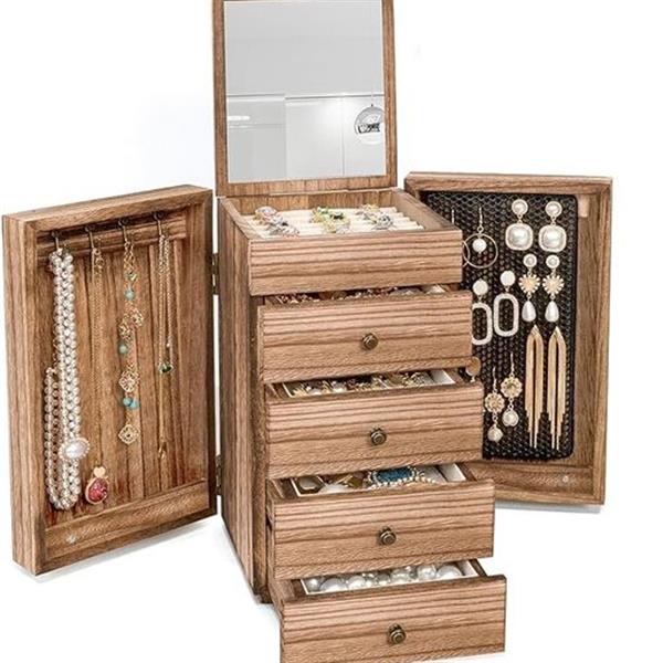 Meangood Jewelry Box Wood for Wowen, 5-Layer Large Organizer Box with Mirror & 4 Drawers for Ri