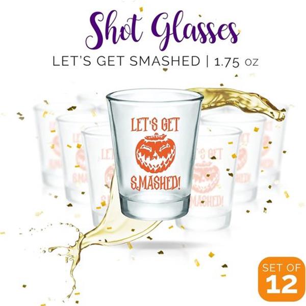 Let's Get Smashed Halloween Shot Glasses - Set of 12 Glass Decor Cups, Double Sided Print - Cle