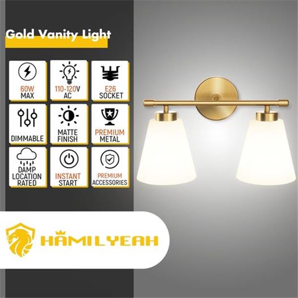 Hamilyeah Gold Bathroom Vanity Light Fixture with Frosted Glass Shade, 2 Light Vanity Lighting