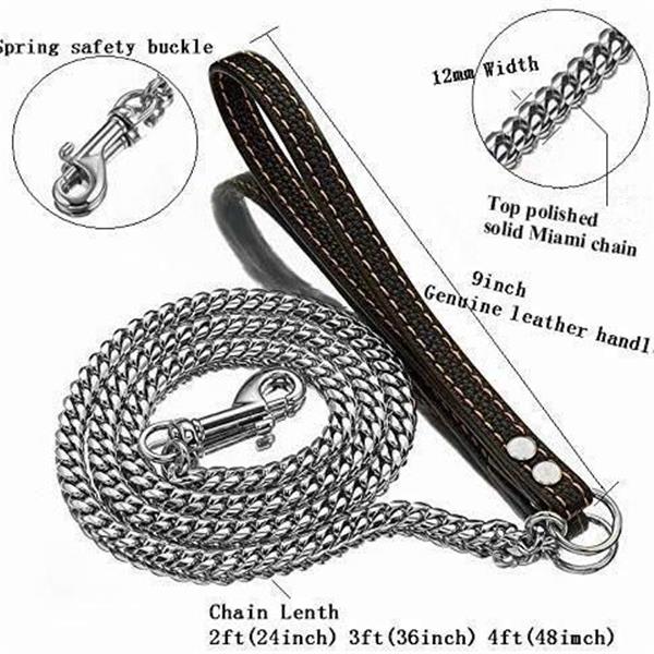 Premium Strong Stainless Steel Dog Leash, 2ft, 3ft, 4ft, Silver Metal Dog Chain, Cuban Curb Cha