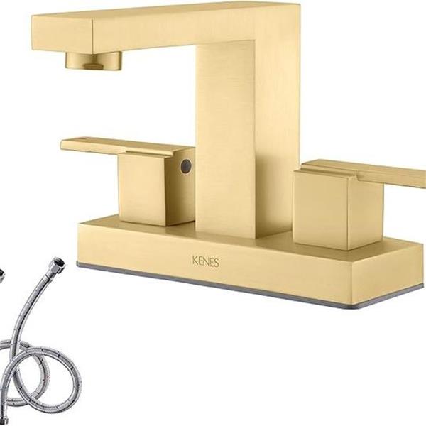 KENES Brushed Gold 4 Inch Centerset Bathroom Faucet Gold Two-Handle Bathroom Sink Faucet Modern