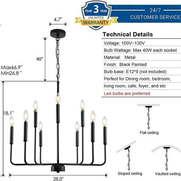 Black Chandelier, Modern Farmhouse Chandeliers for Dining Room 9-Lights Candle Pendant Lights K