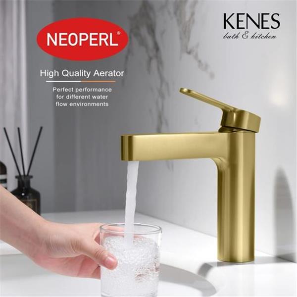 KENES Brushed Gold Single Hole Bathroom Faucet Modern Single Handle Bathroom Sink Faucet with D