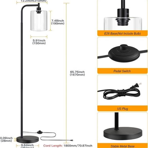 Industrial Floor Lamp, Modern Standing Lamps with Hanging Clear Glass Shade, Classic Reading Ta