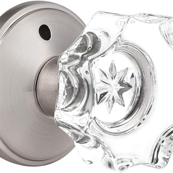 GOBEKOR 1 Pack Crystal Door Knob with Lock, Glass Privacy Lockset for Bed and Bath,with Satin N