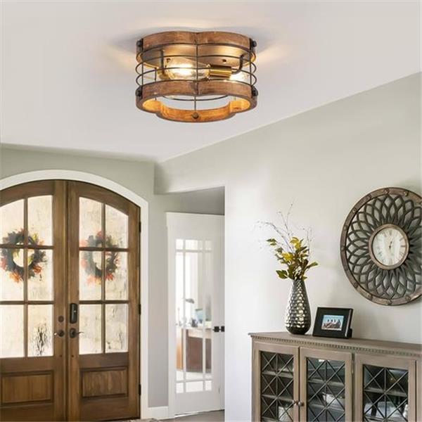 wochos Farmhouse Flush Mount Ceiling Light, 12.2 Inch 2-Light Metal and Wood Close to Ceiling L