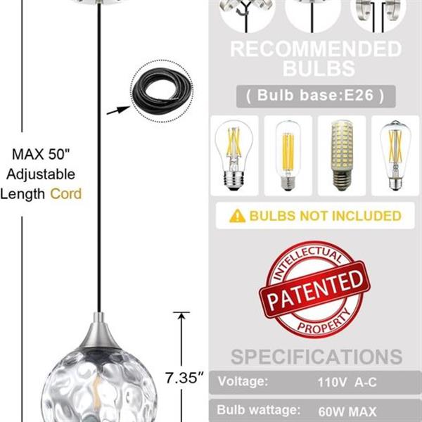 PACK OF 1 SEENMING HOUSE 3552-3555 Glass Pendant Light (Clear Glass)