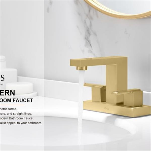 KENES Brushed Gold 4 Inch Centerset Bathroom Faucet Gold Two-Handle Bathroom Sink Faucet Modern