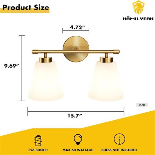 Hamilyeah Gold Bathroom Vanity Light Fixture with Frosted Glass Shade, 2 Light Vanity Lighting