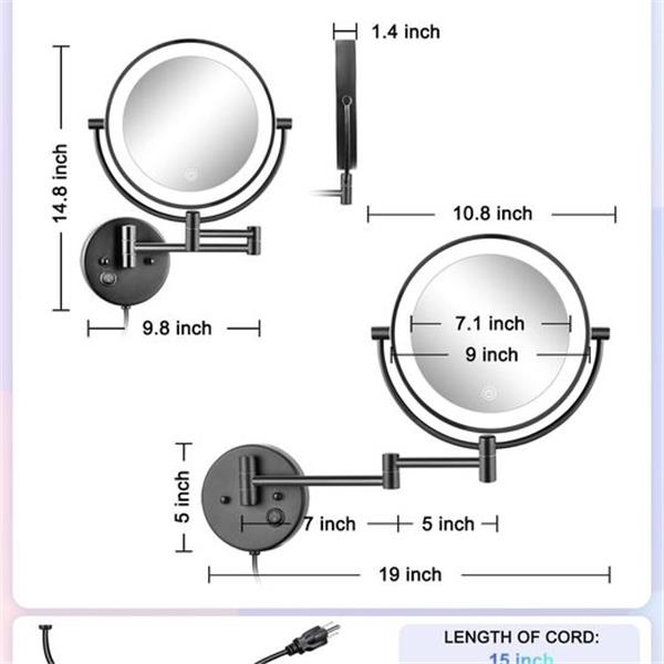 9 Inch Wall Mounted Makeup Mirror, 1X/10X Magnifying Mirror with Light, Dimmable Makeup Mirror