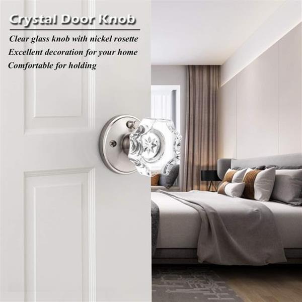 GOBEKOR 1 Pack Crystal Door Knob with Lock, Glass Privacy Lockset for Bed and Bath,with Satin N
