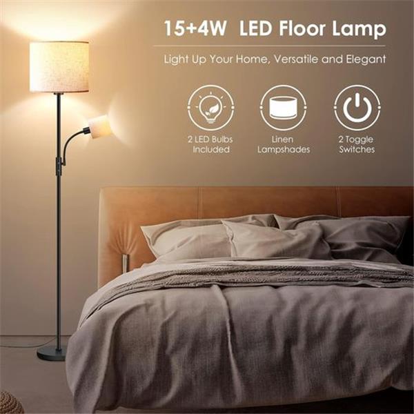 LED Floor Lamps for Living Room, 15W Dimmable Floor Lamp with 4W Adjustable Reading Light, 3000