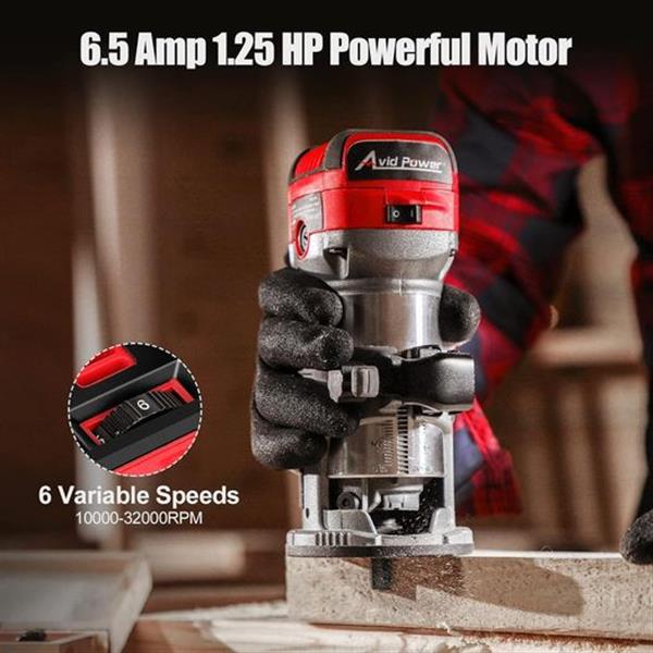 AVID POWER 6.5 Amp 1.25 HP Compact Router Tools for Woodworking, Fixed Base Wood Router with Tr