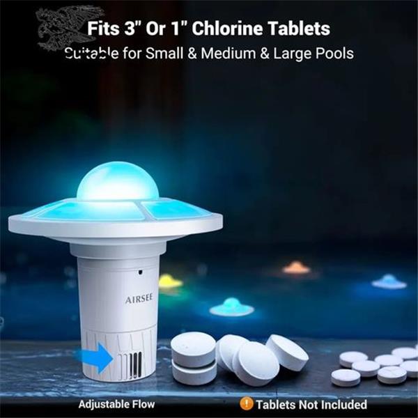 AIRSEE Pool Chlorine Floater with Rechargeable UFO Lights, Pool Chemical Dispenser for 4x3” Chl